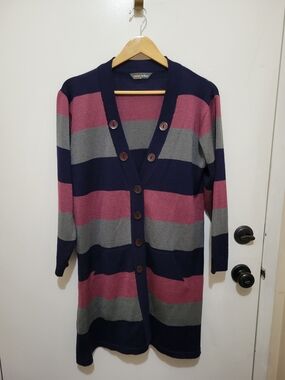 Yazici Triko Striped Long Button-Front Cardigan Sweater - Navy, Pink & Gray - L